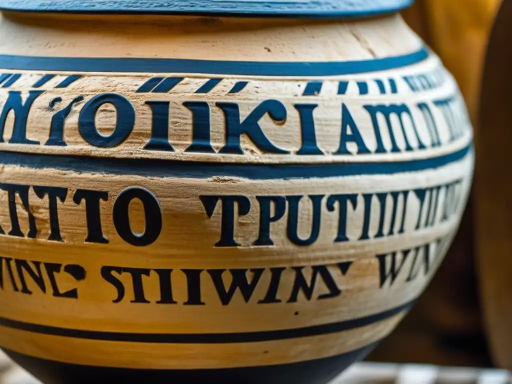 Detalle de antiguas ánforas griegas con historia vinos griegos influencia, inscripciones en griego y manchas de vino