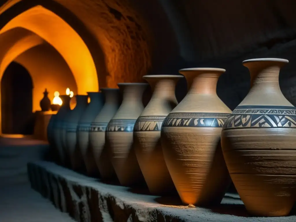 Detalle de antiguas ánforas de vino en bodega subterránea, con engravings únicos que reflejan la historia vinos impacto cultural