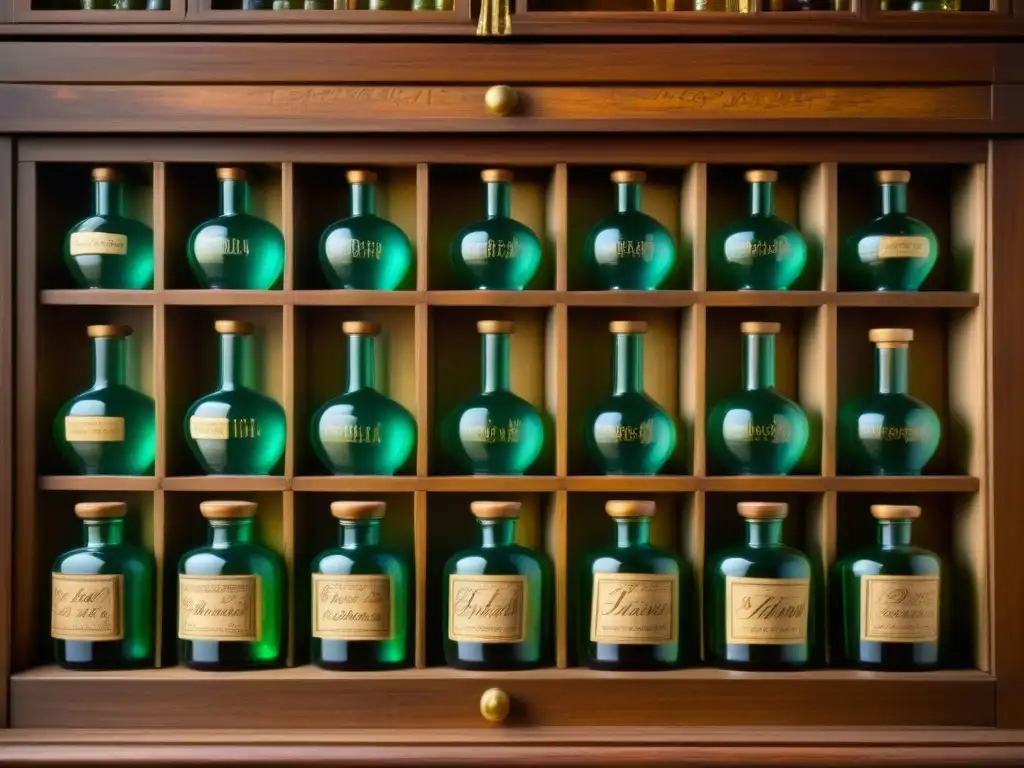 Antigua alacena de madera con botellas de vidrio y etiquetas caligráficas Detalle de un antiguo gabinete de madera tallada lleno de botellas de vidrio ornamentadas con etiquetas caligráficas
