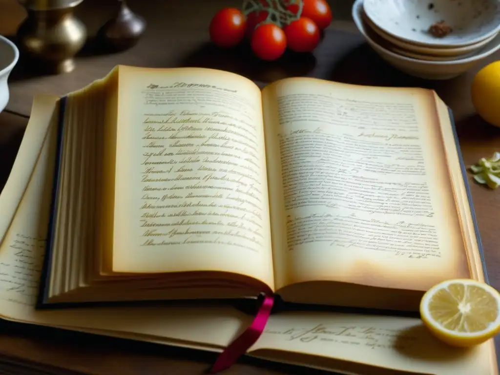 Detalle de antiguo libro de recetas con notas manuscritas y salpicaduras de ingredientes, iluminado por luz natural