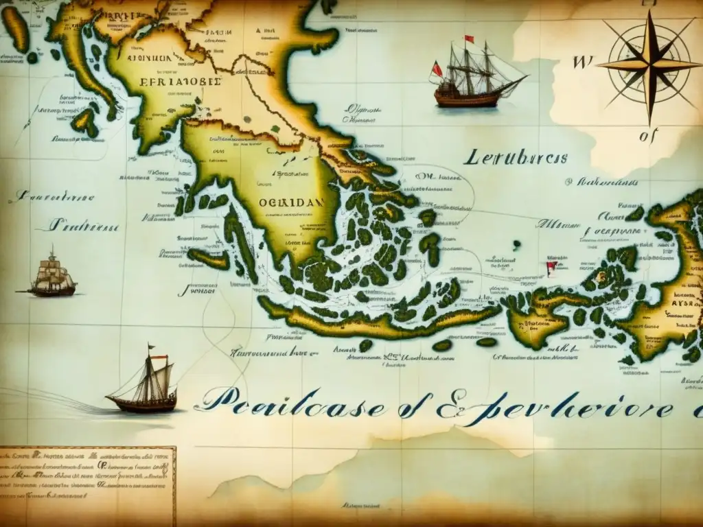 Mapa antiguo de exploradores portugueses: historia y aventura Detalle de un antiguo mapa de exploradores portugueses con ilustraciones marinas
