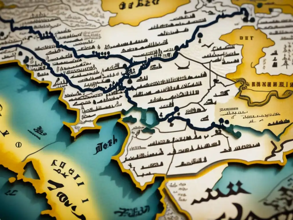 Detalle de un antiguo mapa de la Ruta de la Seda con Quesos y embutidos históricos, mostrando intrincados caminos y ciudades en caligrafía diminuta