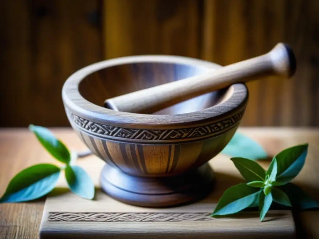 Detalle de un antiguo mortero y mano de madera, esenciales en tradición culinaria