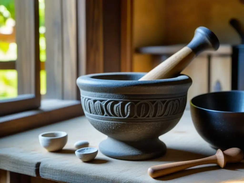 Detalle de antiguo mortero y mano de piedra en cocina rústica con utensilios históricos