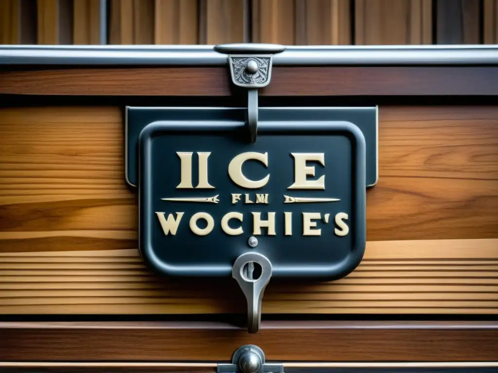 Detalle de un antiguo refrigerador, con ornamentos tallados a mano y herrajes oxidados