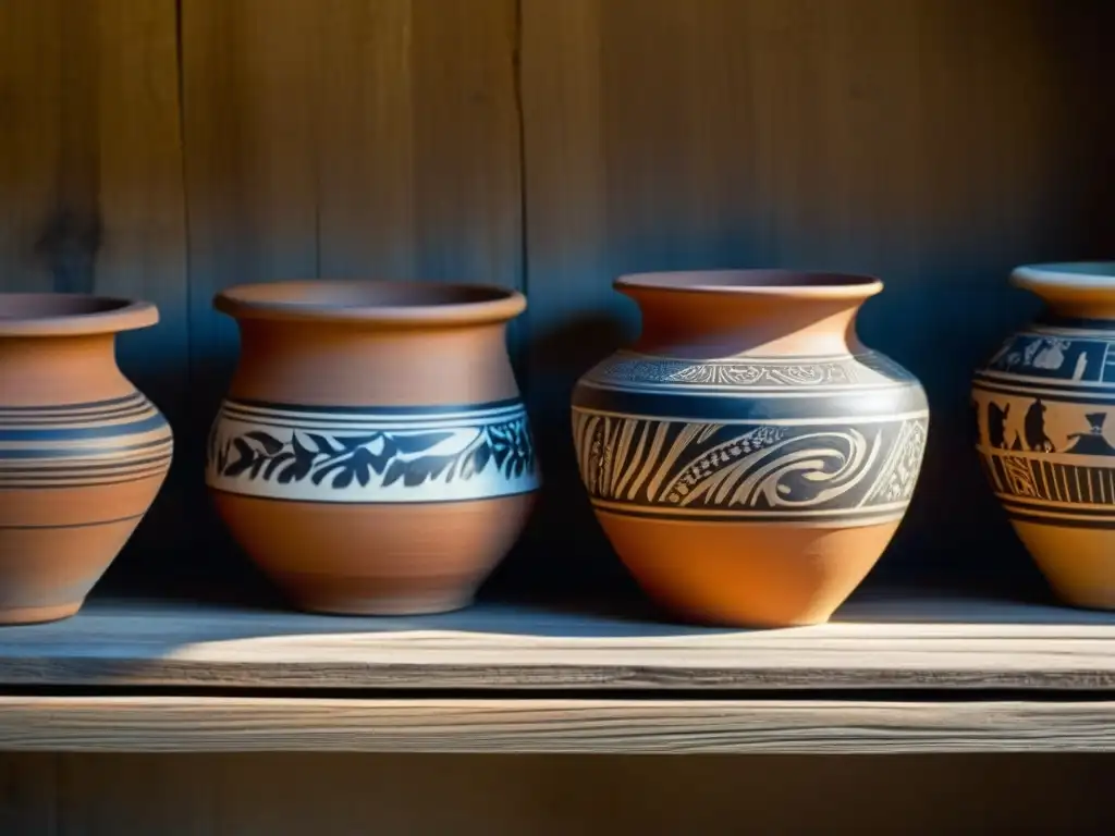 Detalle de antiguos utensilios de cocina para conservación de alimentos, con diseños y texturas intrincadas en tonos terrosos