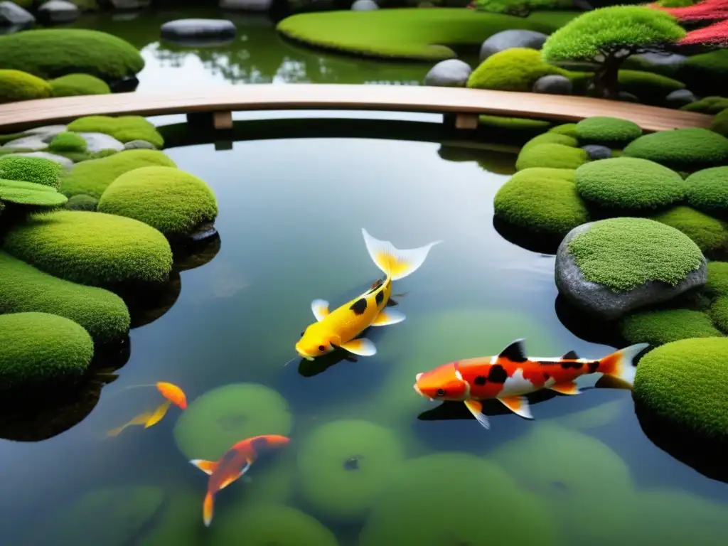 Detalle de un apacible jardín Zen japonés con patrones de grava, musgo verde y un puente de madera sobre un estanque con peces koi