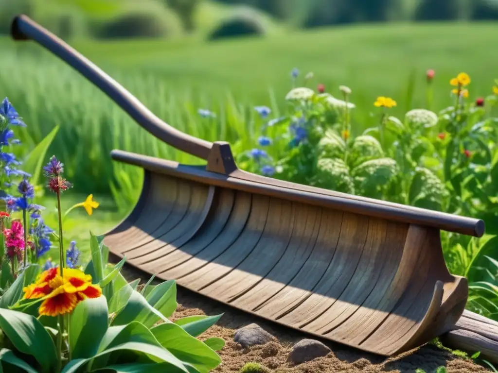 Detalle de un arado de madera antiguo, labrado con patrones intrincados, en un campo verde con flores silvestres