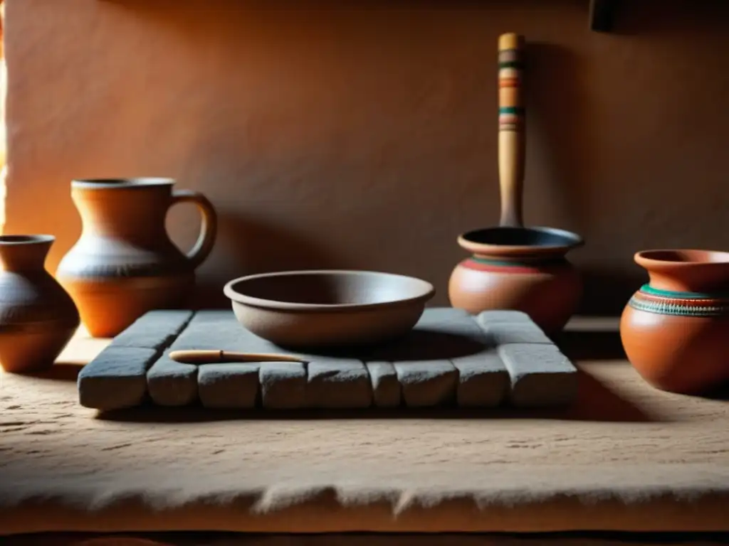 Detalle de arquitectura culinaria Inca: hogar de cocina con artesanía en piedra y utensilios antiguos, iluminado cálidamente