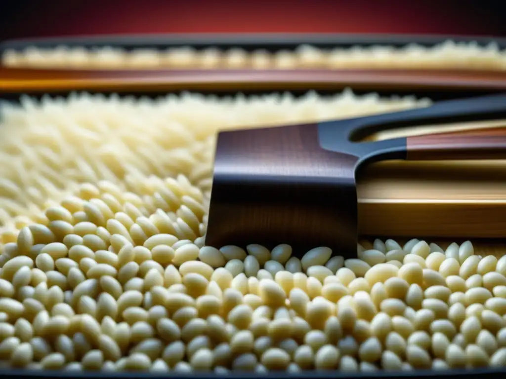 Detalle de arroz en la cocina samurai: espátula de madera sobre diversas variedades de granos de arroz