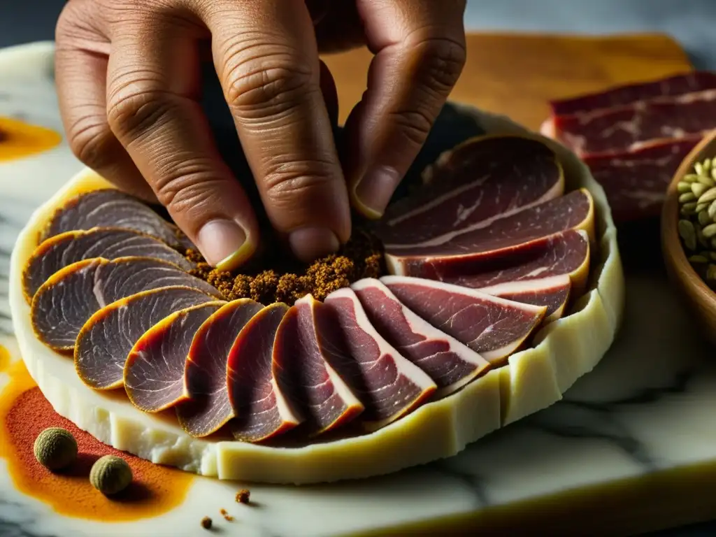 Detalle artesanal: Especias tradicionales en carne cruda para embutidos