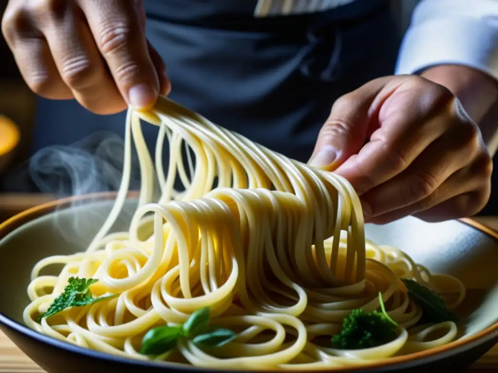 Detalle de la elaboración artesanal de fideos de ramen por un chef japonés