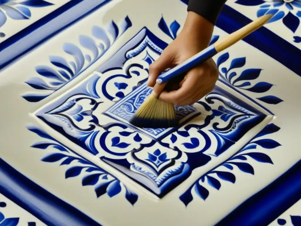 Artesano pintando Azulejos: Detalle en Azul y Blanco Detalle artesanal de pintura de azulejos, con patrones azules y blancos en cerámica, reflejando recetas históricas culturales gastronomía antigua