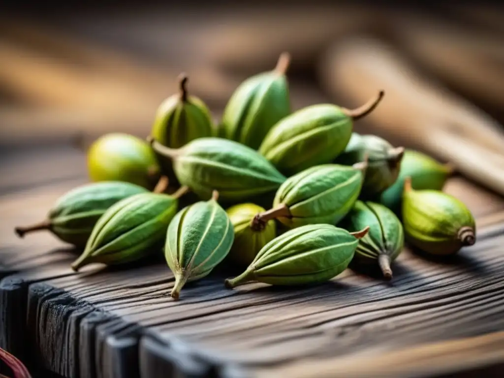 Detalle artístico de cardamomo y clavo en mesa rústica, expresando la historia culinaria Zanzíbar