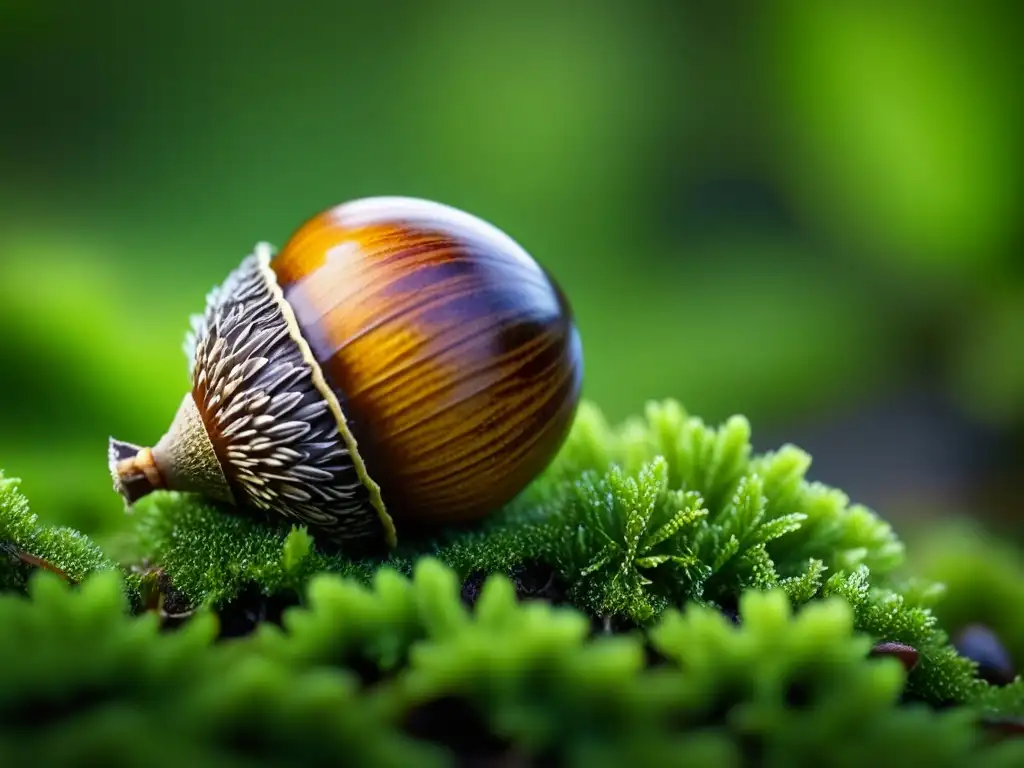 Detalle asombroso de una bellota sobre musgo verde, iluminada por la naturaleza