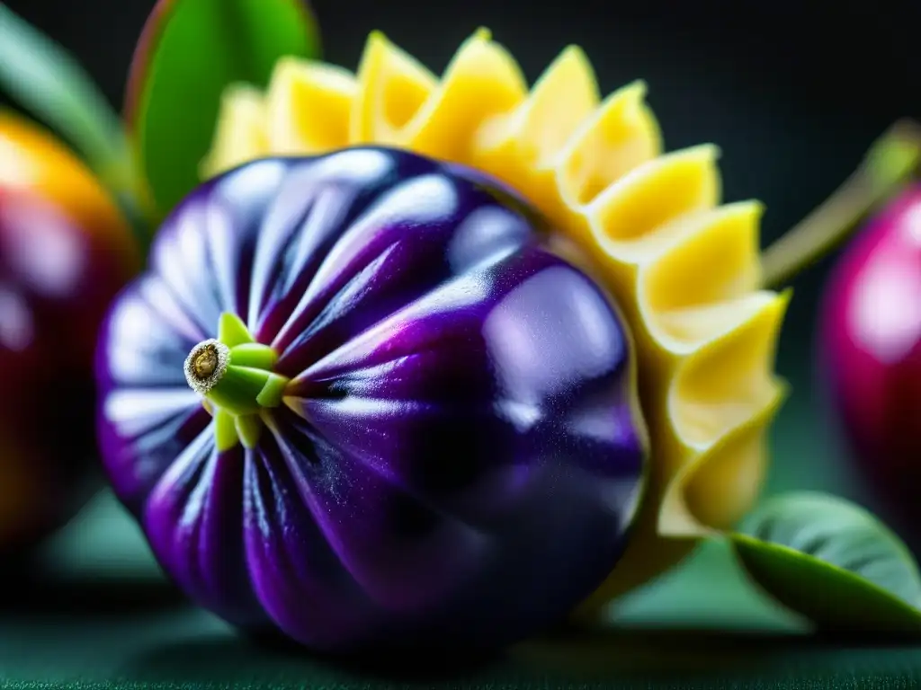 Detalle asombroso de una chirimoya morada, revelando su textura y semillas en la fruta del Nuevo Mundo Inca