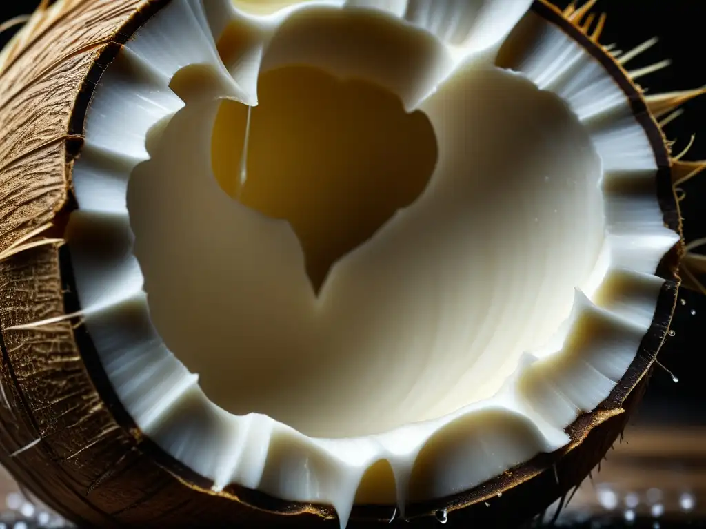 Detalle asombroso de un coco abierto, revelando su pulpa blanca y aceite de coco, destacando el origen y usos del aceite de coco