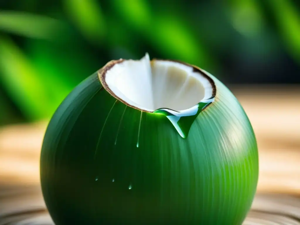 Detalle asombroso de una gota de agua de coco brillante en un coco recién cortado, resaltando los beneficios del agua de coco hidratante natural