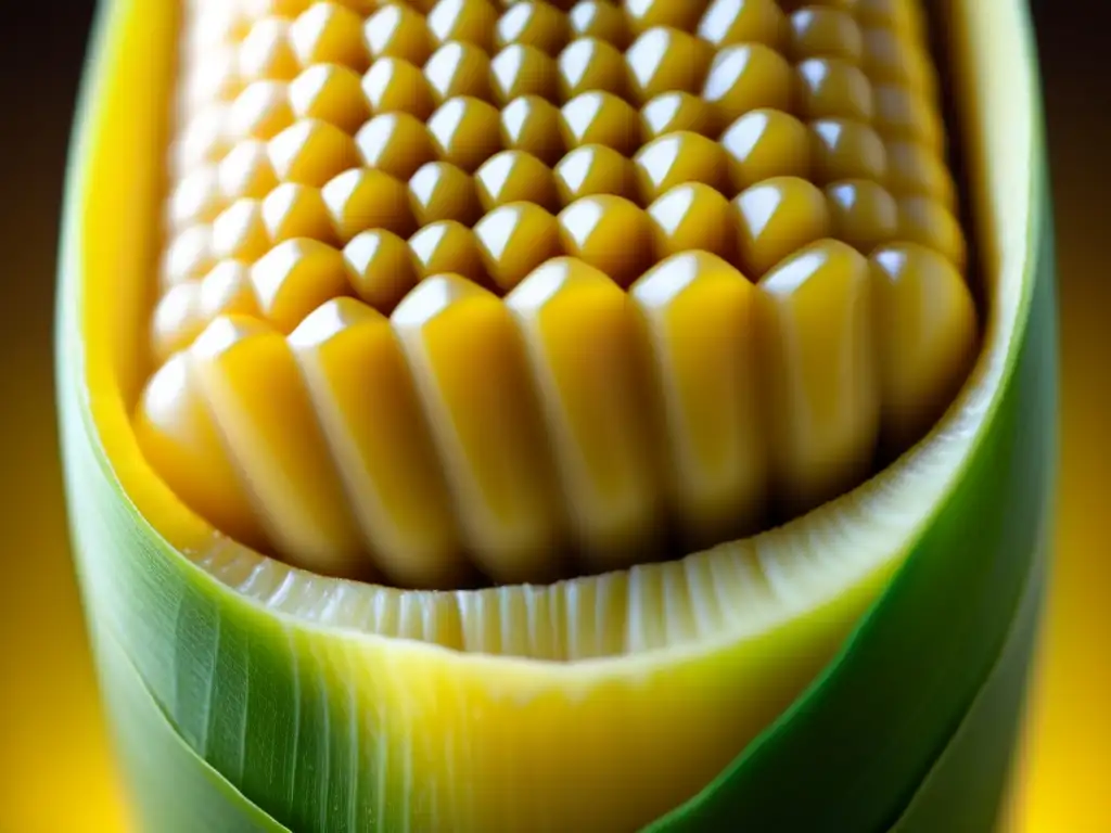 Detalle asombroso de un grano de maíz amarillo, resaltando su textura única