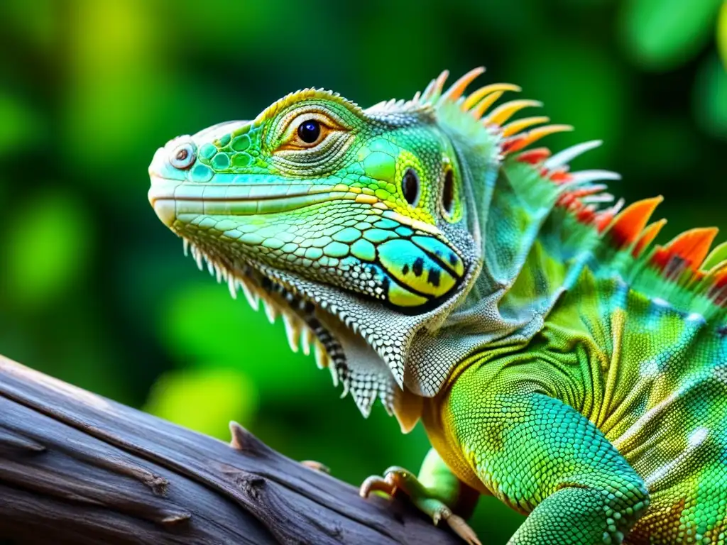 Detalle asombroso de una iguana verde en rama, resaltando sus escamas y ojos vibrantes bajo la luz del sol