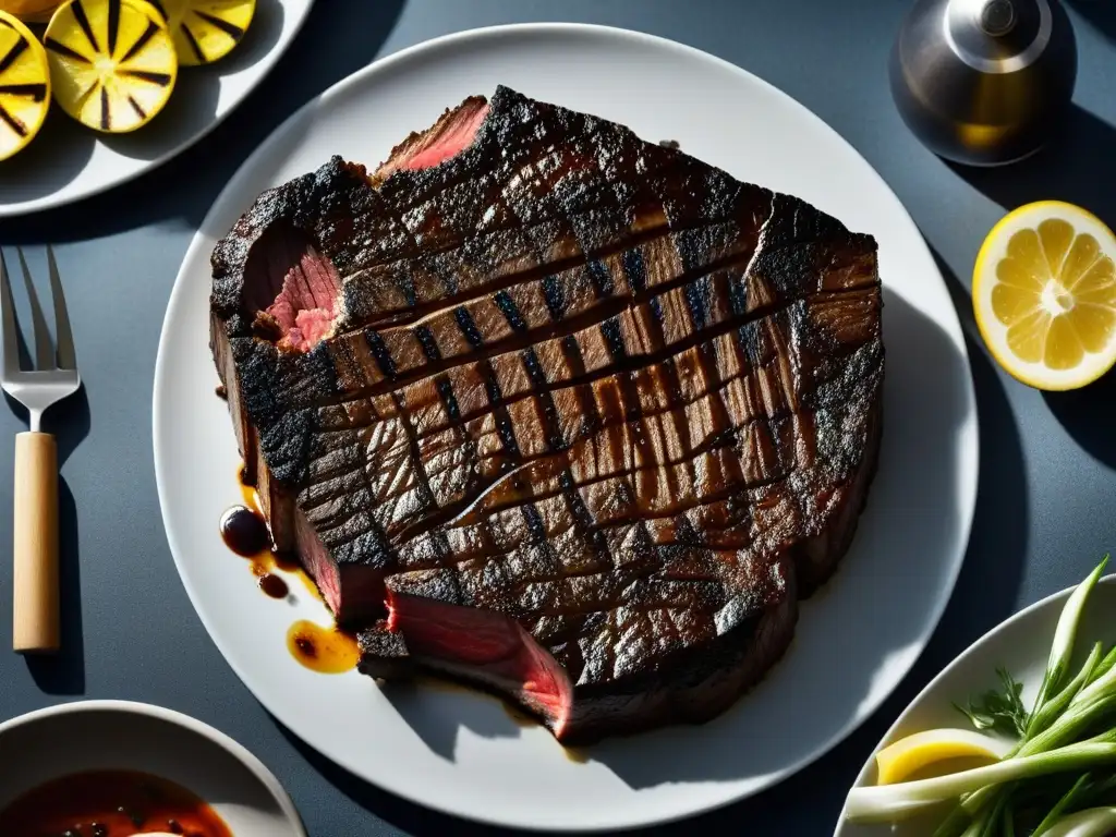 Detalle asombroso de marcas de parrilla en un filete, resaltando la evolución de técnicas de asado a lo largo de la historia