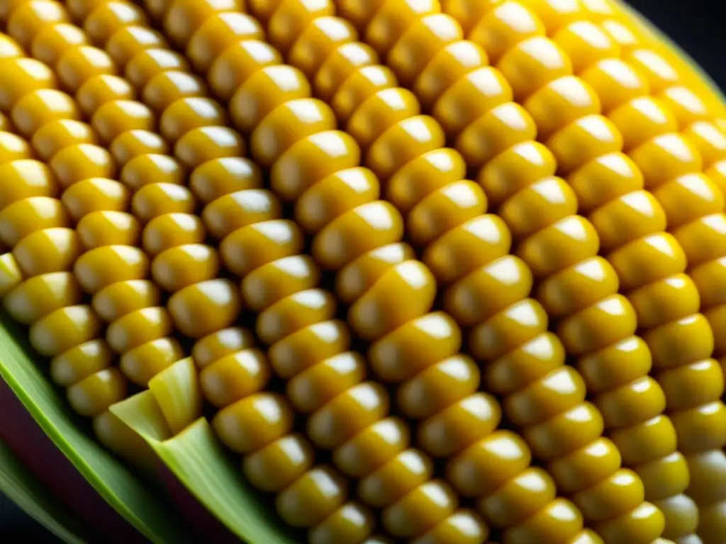 Detalle asombroso de una mazorca de maíz recién cosechada, resaltando la belleza natural y diversidad de la herencia culinaria del maíz en Mesoamérica