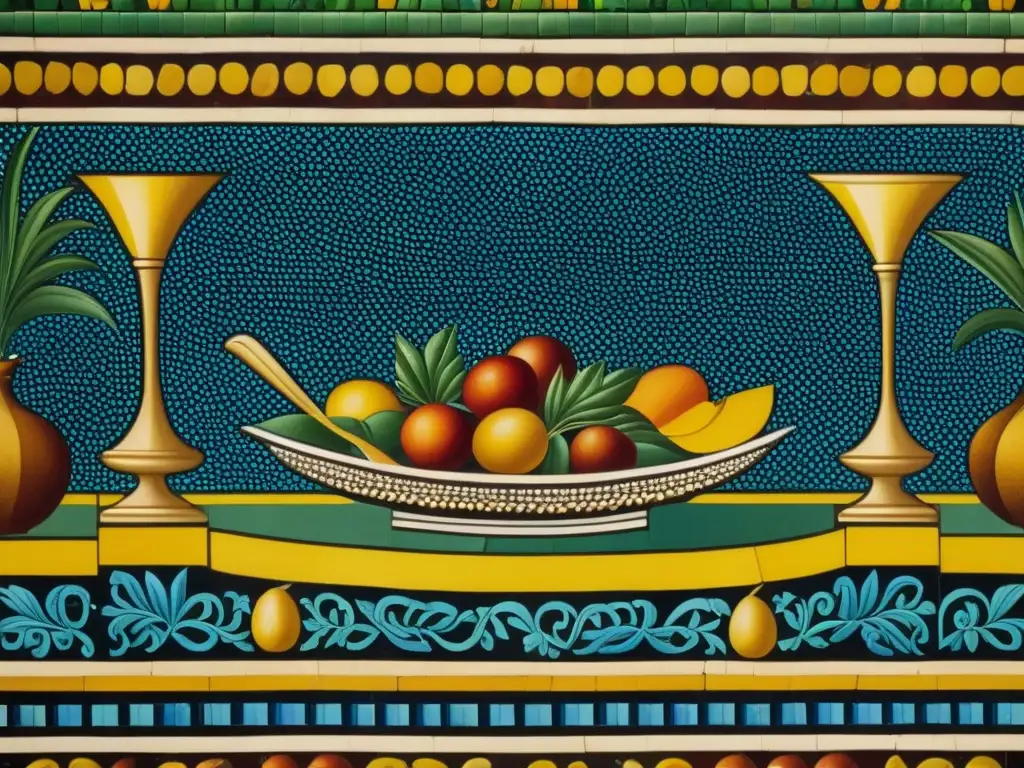 Detalle asombroso de un mosaico romano antiguo mostrando una escena de banquete con exóticos alimentos y bebidas