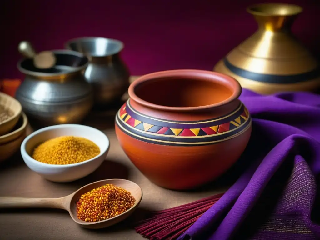 Arte culinario precolombino: maíz morado, ají amarillo y quinua Un detalle asombroso de una vasija precolombina con ingredientes coloridos, rodeada de textiles y utensilios antiguos