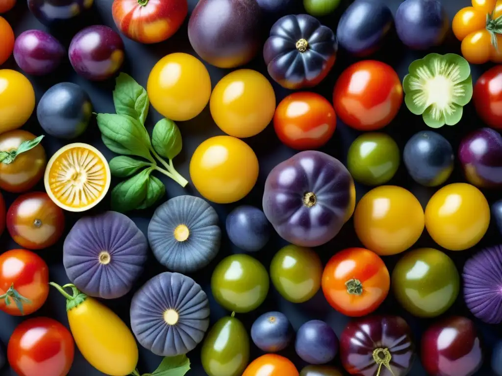 Detalle asombroso de vegetales históricos en la dieta, resaltando colores y patrones únicos