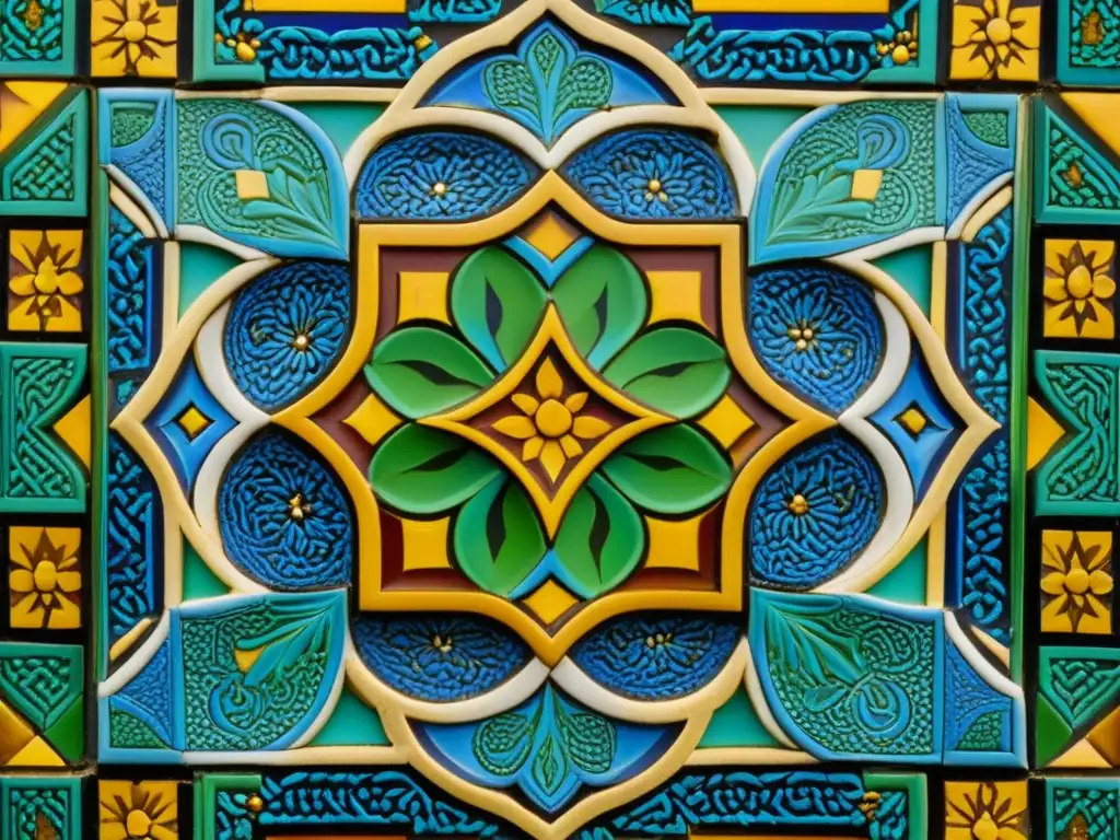 Detalle de un azulejo vibrante y detallado de la Alhambra, reflejando la influencia cocina morisca en la modernidad