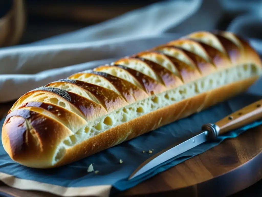 Detalle de una baguette francesa recién horneada en una cocina vintage con utensilios antiguos y un libro de recetas de la Revolución Industrial