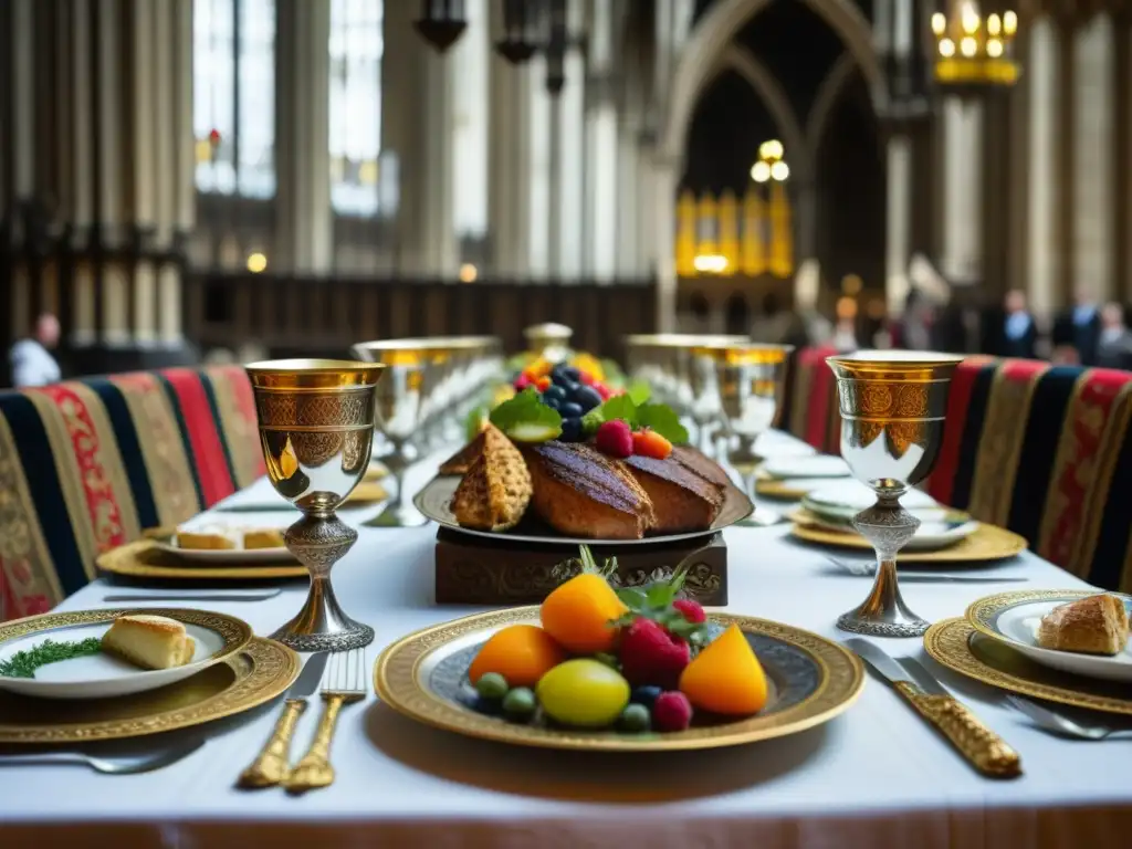 Detalle de banquete medieval en Abadía Westminster con mesa lujosa y alimentos exquisitos