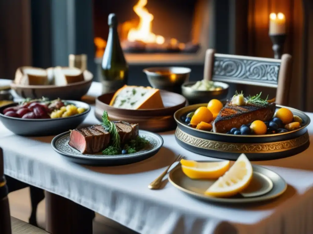 Detalle de banquete vikingo con recetas históricas y decoración tradicional en mesa lujosamente preparada