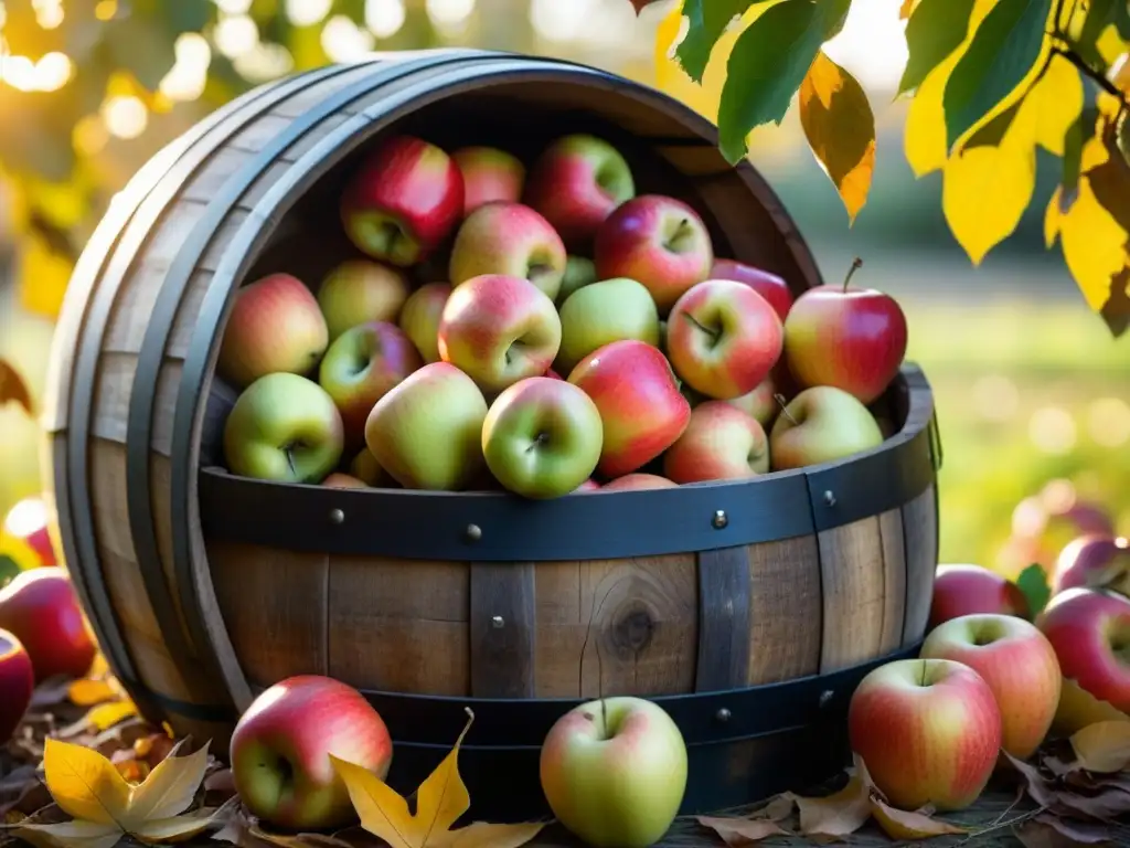 Detalle de barril de madera con manzanas recién prensadas y hojas caídas en un huerto