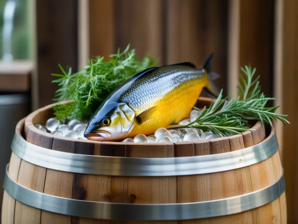 Detalle de barril de madera con pescado fermentado escandinavo, rodeado de hierbas y especias nórdicas en cocina rústica