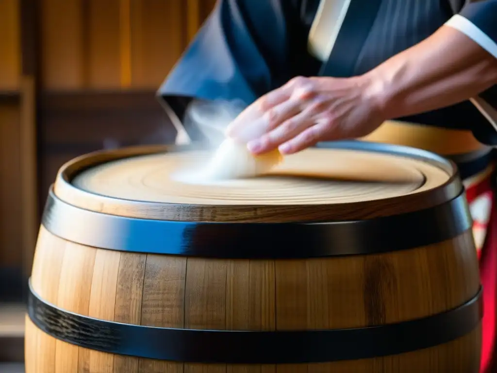 Detalle del barril de sake japonés Meiji, resaltando la importancia cultural del Sake Meiji