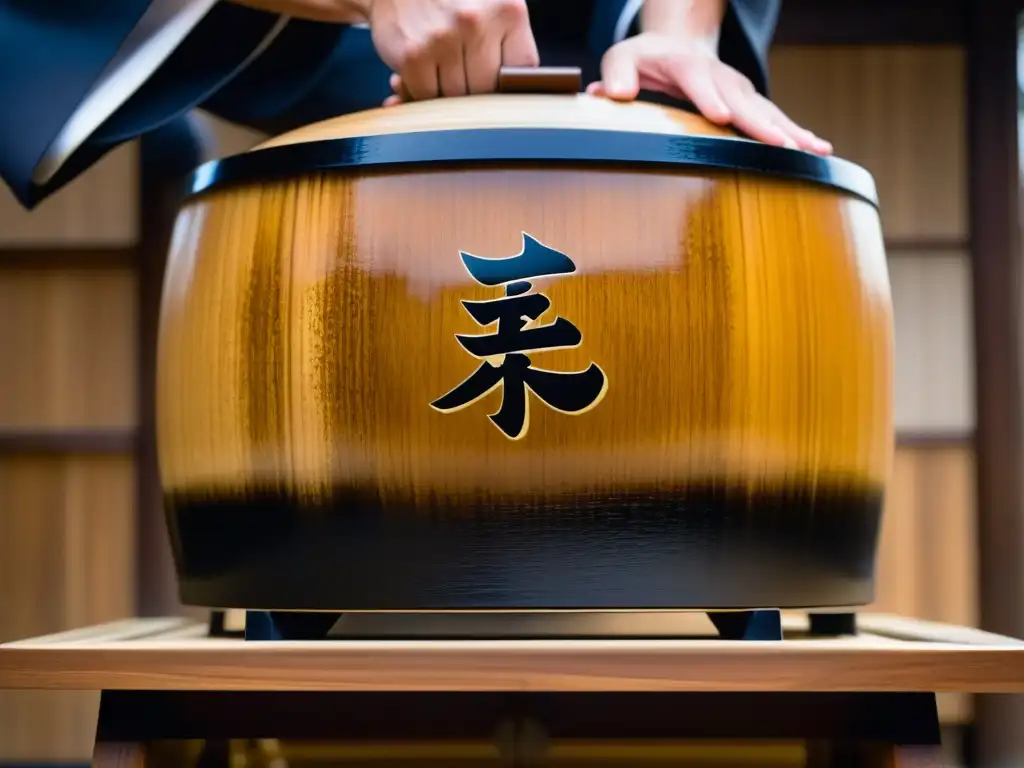 Detalle del barril de sake japonés siendo abierto durante ceremonia tradicional en la era Meiji