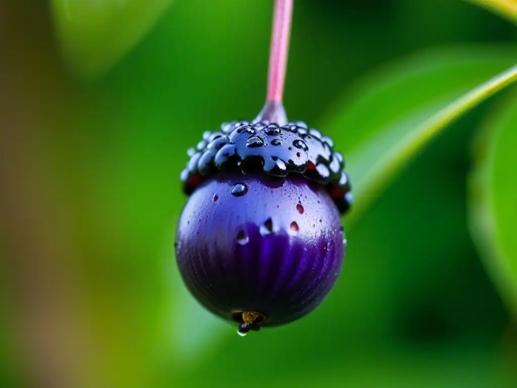 Detalle de una baya de Açaí madura en la selva amazónica, resaltando su piel morada brillante y gotas de rocío