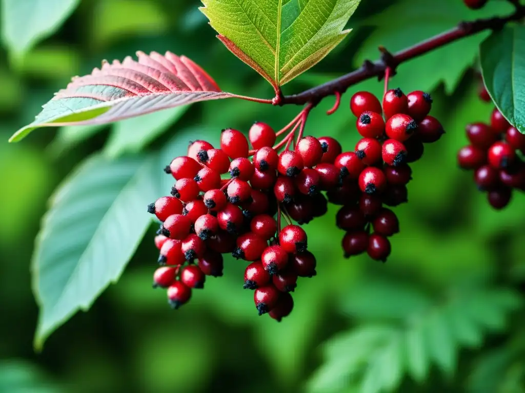 Detalle de bayas de sumac rojo brillante en un ramo, con gotas de rocío y hojas verdes