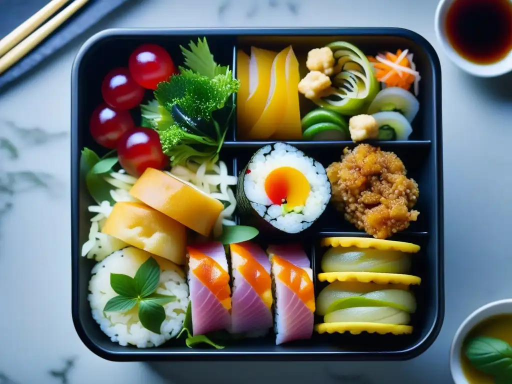 Detalle de un bento japonés con influencia cultural gastronomía portuguesa Japón: bacalao, sushi, tempura y encurtidos vibrantes