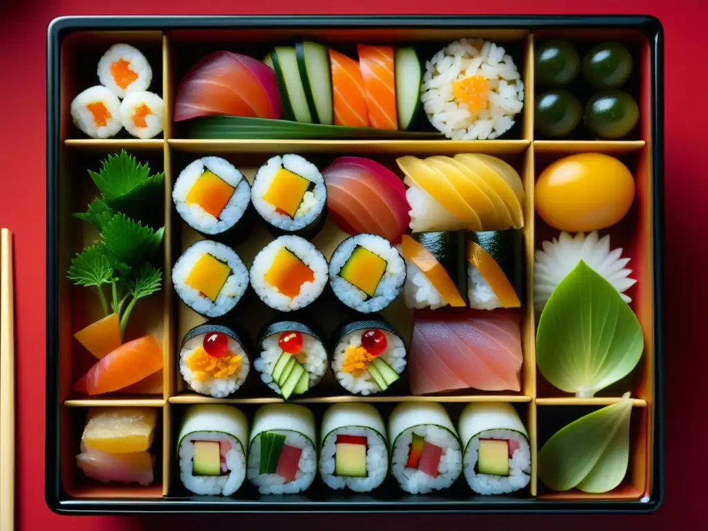 Detalle de un bento japonés con sushi, sashimi y vegetales en la dieta guerrera era samurái