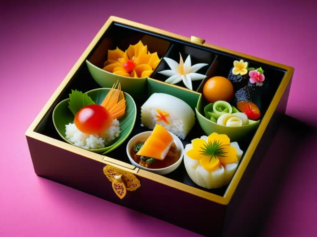 Bento japonés tradicional: arte culinario imperial Heian Detalle de un bento japonés tradicional decorado, reflejando la artesanía culinaria de la Corte Imperial Heian