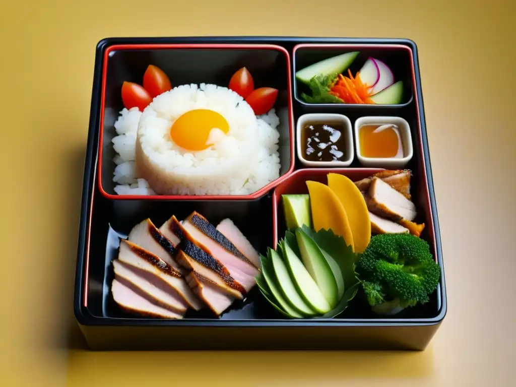 Detalle de un bento samurái tradicional con recetas históricas cerdo y aves, colores vibrantes y texturas exquisitas