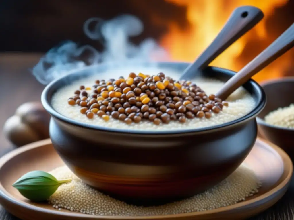 Detalle de un bol humeante de porridge de sorgo superalimento africano, con textura rica y vapor delicado