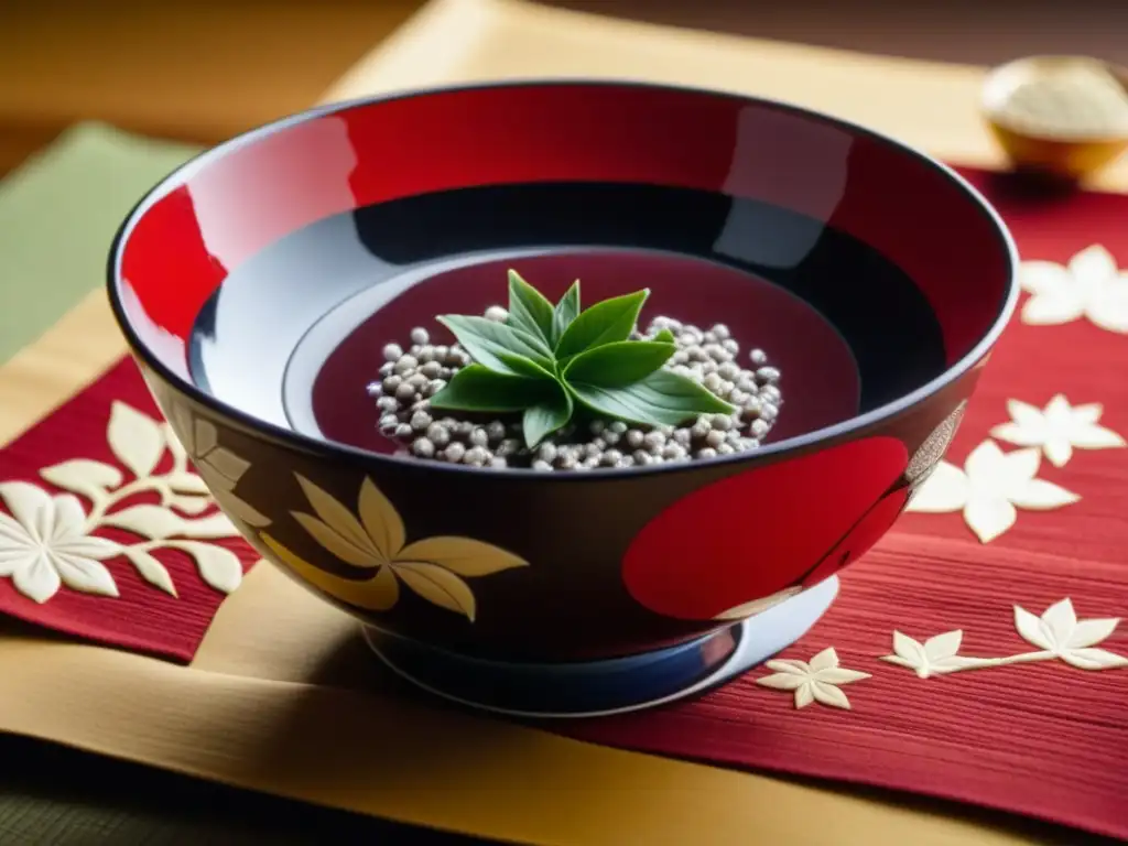 Detalle de un bol japonés con anko rojo, en un escenario tradicional con abanicos japoneses