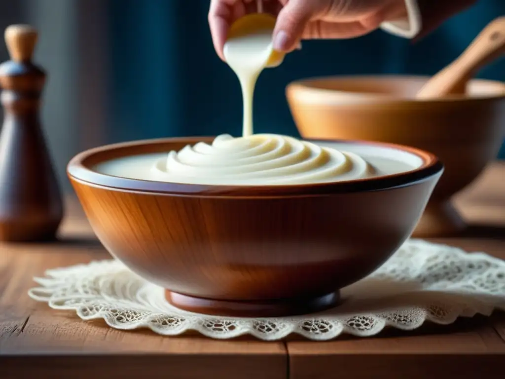 Detalle de un bol tradicional escandinavo rebosante de leche fermentada, evocando la historia de la leche fermentada en Escandinavia