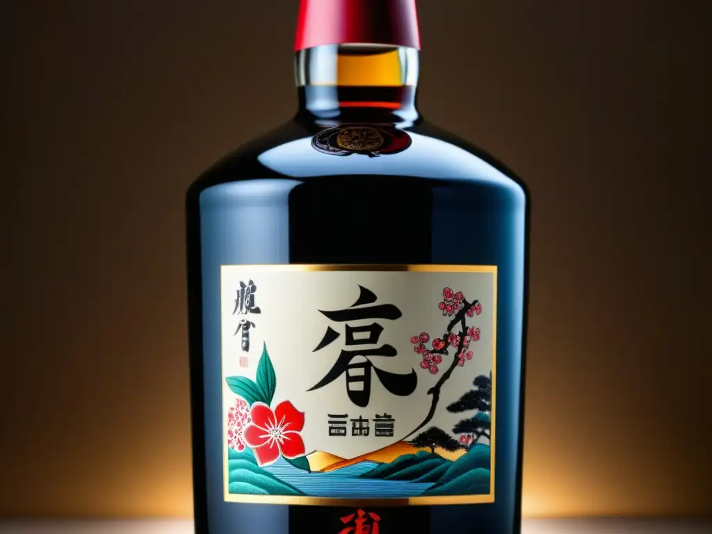 Detalle de botella de licor japonesa con influencia cultural portuguesa y flores de cerezo, resaltando la fusión de tradiciones en licores