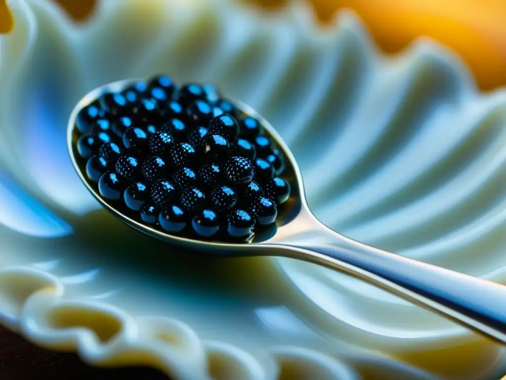 Detalle brillante de caviar negro sobre cuchara de nácar