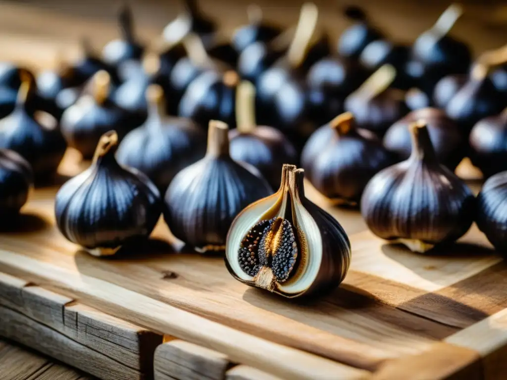 Detalle de bulbos de ajo negro fermentado en mesa rústica