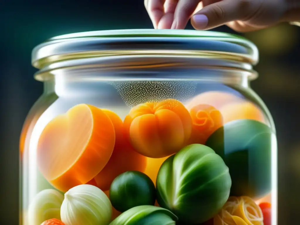 Detalle de burbujas en kimchi fermentando, mostrando texturas y colores vibrantes